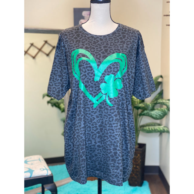 Heart & Shamrock Leopard Print Graphic Tee - Size XL