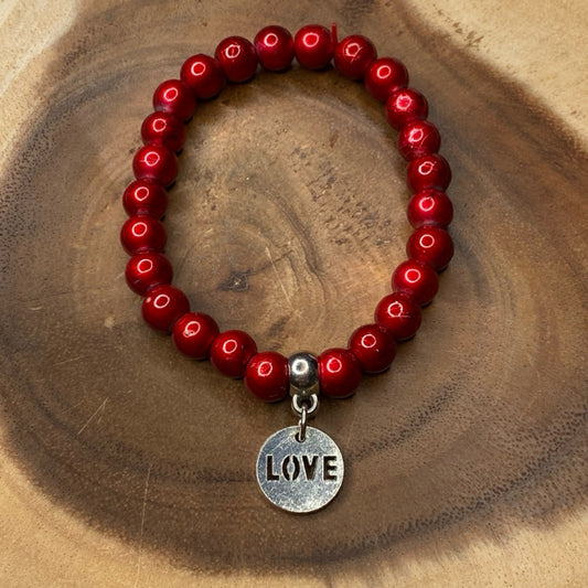 Inga Ann's Beaded Bracelet - Red w/Love Charm