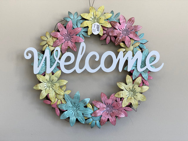 Welcome Wreath w/Pastel Metal Flowers