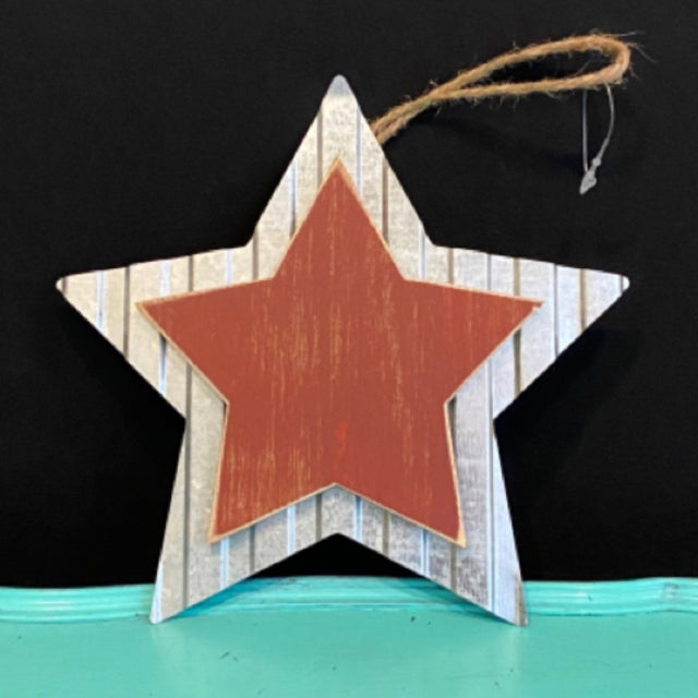 6 1/2" Red Wood & Metal Hanging Star
