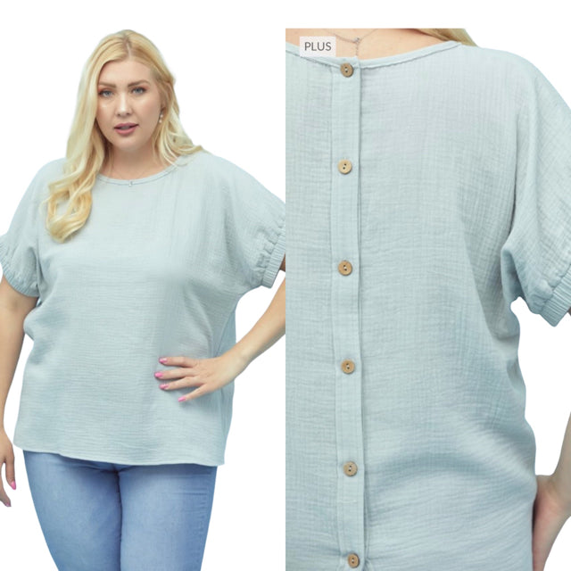 Textured Dolman Sleeve Button Down Back Top