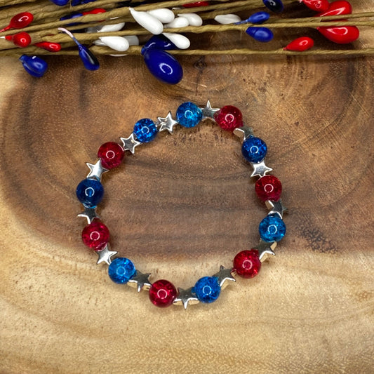 Inga Ann's Red & Blue Beaded Bracelet w/Silver Stars