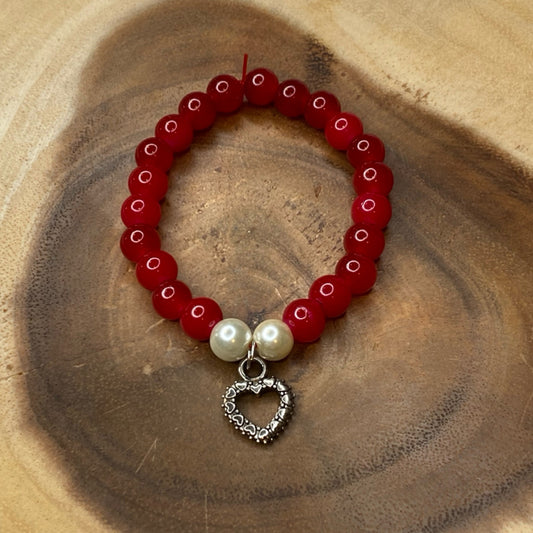 Inga Ann's Beaded Bracelet - Red w/Heart Charm