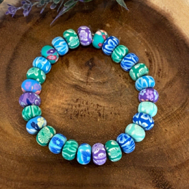 Inga Ann's Blue, Purple & Green Flower Rondelle Beaded Bracelet
